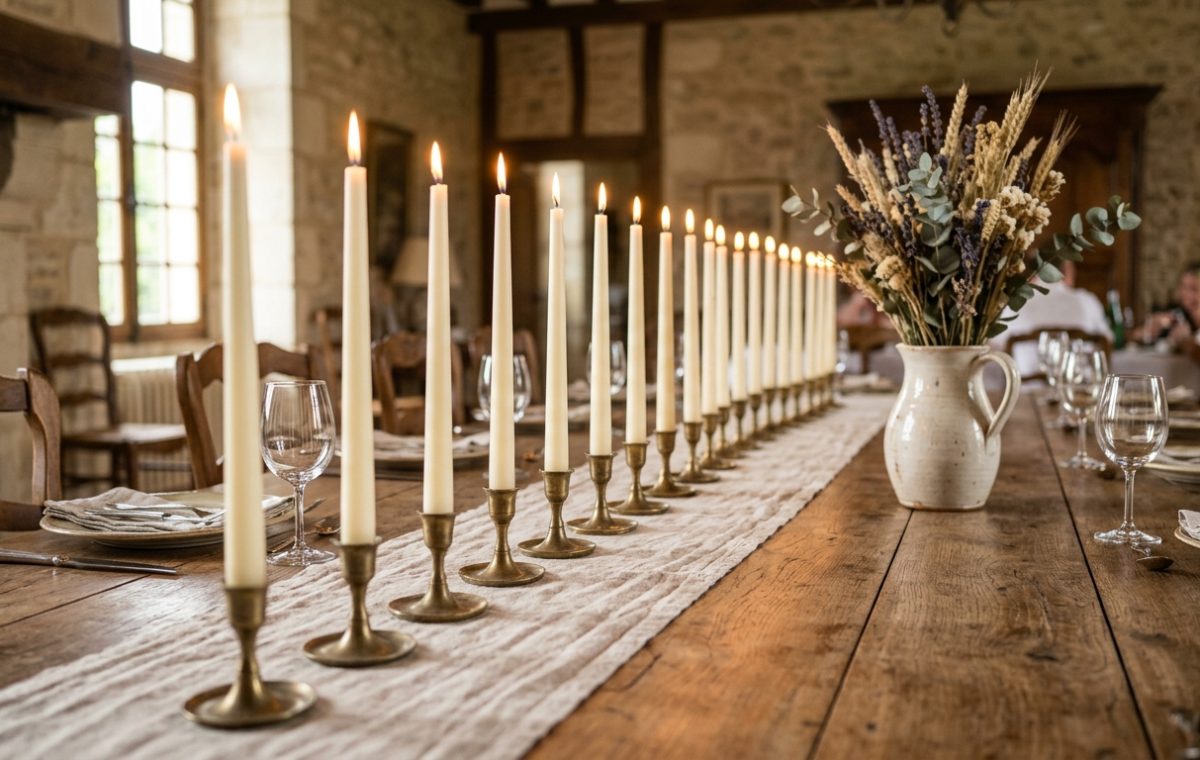 A long dining table candle runner featuring rows of brass candlesticks and tapered white candles in a rustic French country dining room.