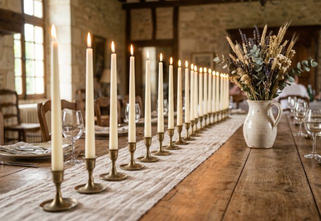 A long dining table candle runner featuring rows of brass candlesticks and tapered white candles in a rustic French country dining room.