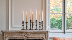 Elegant mantel candle display featuring burning taper candles in vintage holders on a rustic stone fireplace.
