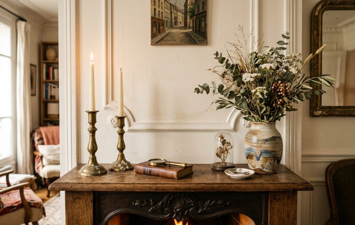 mantel decor ideas featuring brass candlesticks and dried florals on a rustic fireplace