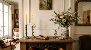mantel decor ideas featuring brass candlesticks and dried florals on a rustic fireplace