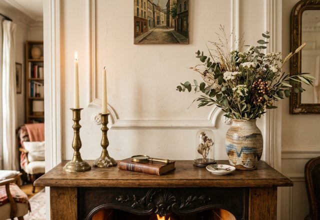 mantel decor ideas featuring brass candlesticks and dried florals on a rustic fireplace