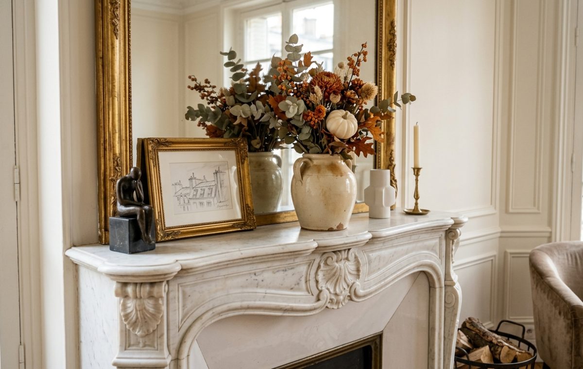 Elegant living room fireplace mantel decor with dried stems in a ceramic urn, vintage mirror, and framed art.