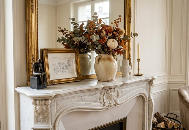 Elegant living room fireplace mantel decor with dried stems in a ceramic urn, vintage mirror, and framed art.