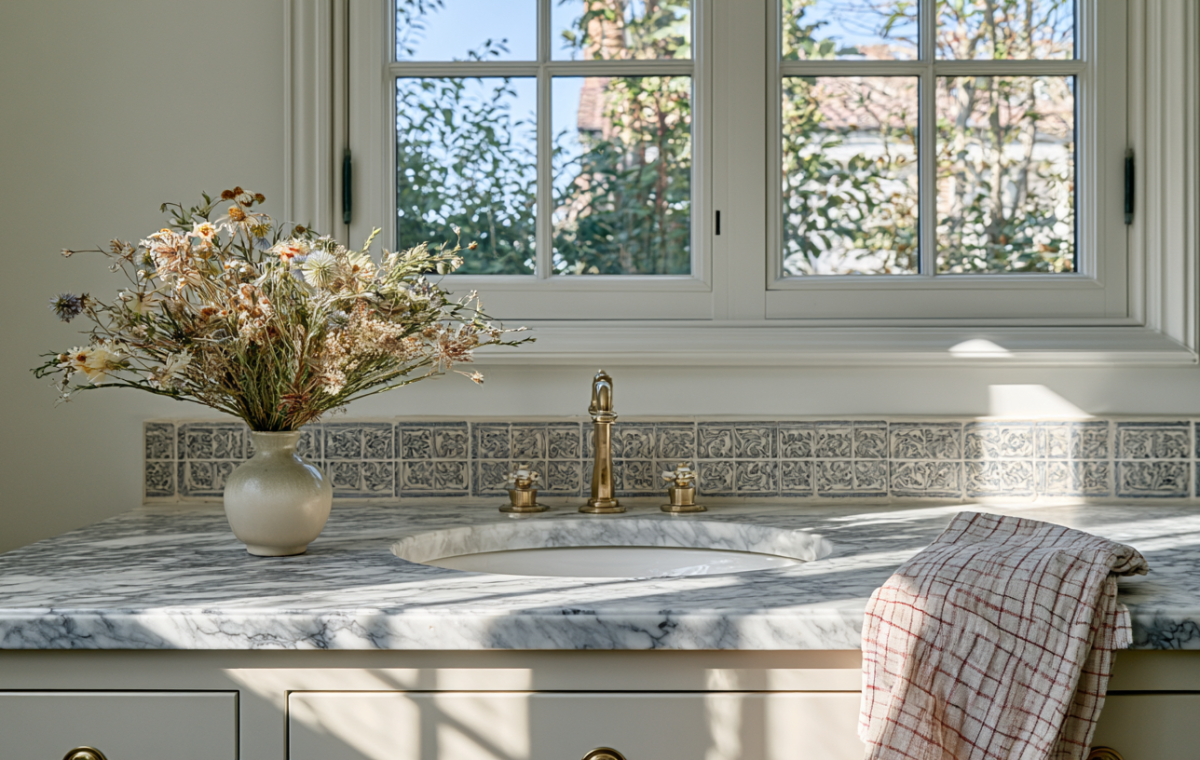 Kitchen marble countertop ideas featuring a brass faucet, blue and white tile backsplash, and a vase of dried flowers.