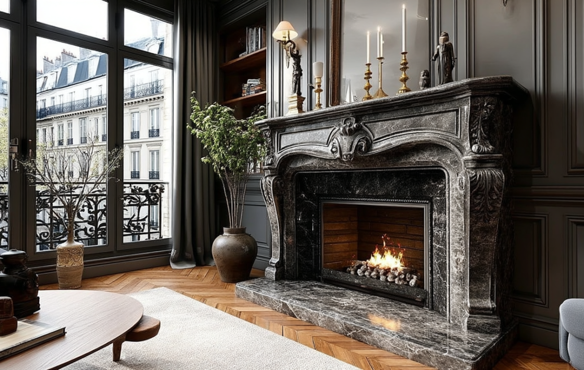 Elegant black marble fireplace design in a luxury Parisian living room with dark walls