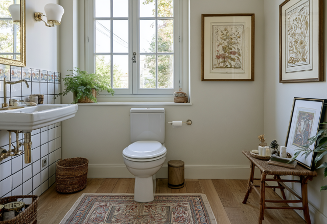Vintage powder room design ideas featuring white tile wainscoting, gold mirror, and wood flooring.