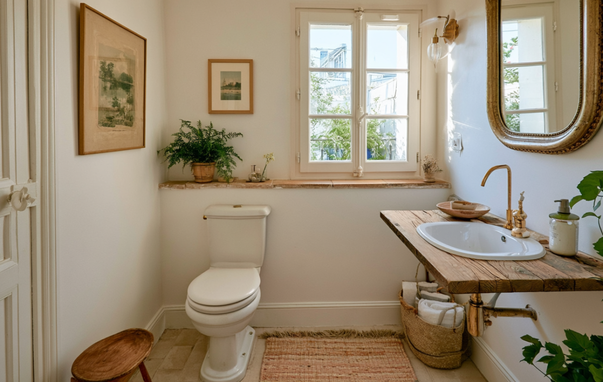 Bright French country powder room with rustic wood vanity, brass mirror, and natural light.
