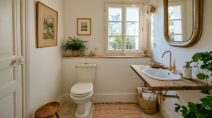Bright French country powder room with rustic wood vanity, brass mirror, and natural light.