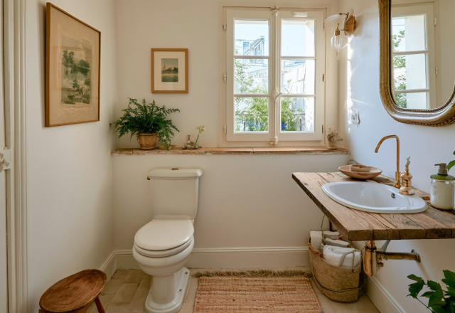 Bright French country powder room with rustic wood vanity, brass mirror, and natural light.