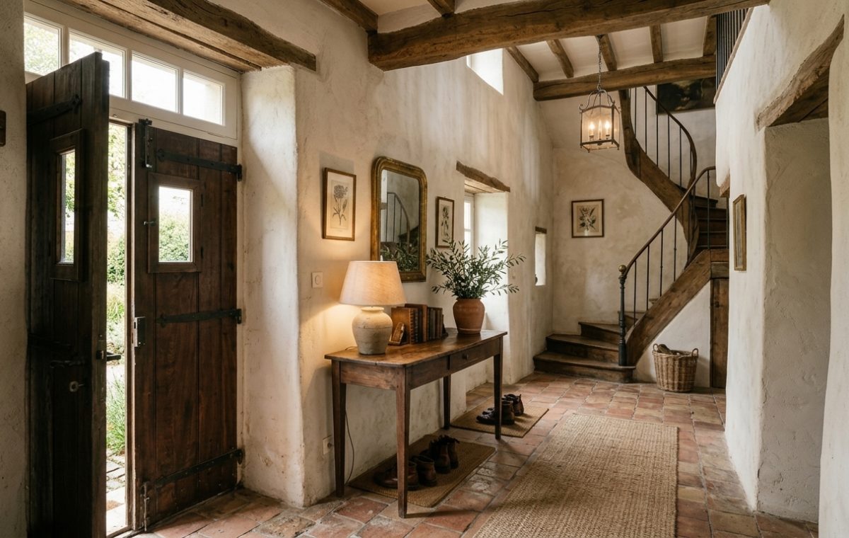 A bright rustic entryway featuring heavy wooden doors, whitewashed walls, and terracotta tile flooring.