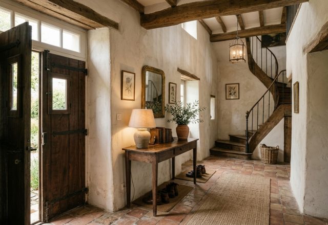 A bright rustic entryway featuring heavy wooden doors, whitewashed walls, and terracotta tile flooring.