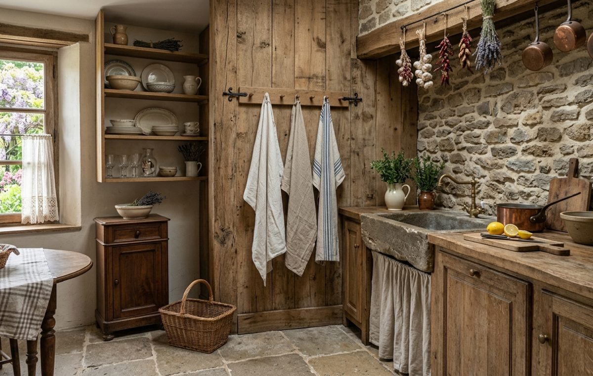 A rustic kitchen featuring exposed stone walls, wooden cabinets, a stone sink, and hanging copper pots.