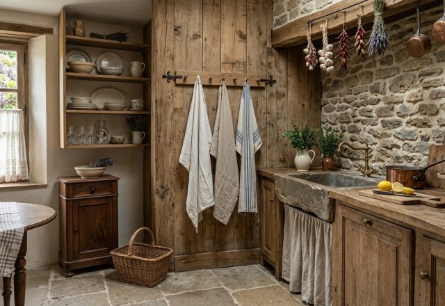 A rustic kitchen featuring exposed stone walls, wooden cabinets, a stone sink, and hanging copper pots.