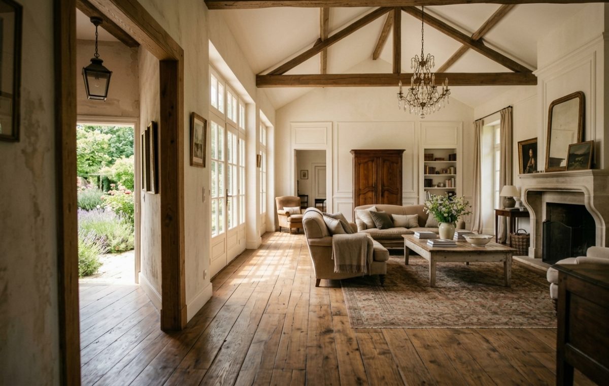 Spacious rustic living room featuring exposed wooden beams, wide-plank flooring, and a stone fireplace.