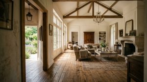 Spacious rustic living room featuring exposed wooden beams, wide-plank flooring, and a stone fireplace.