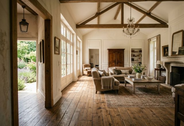 Spacious rustic living room featuring exposed wooden beams, wide-plank flooring, and a stone fireplace.