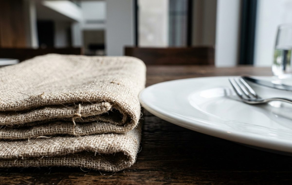 Close up of a rustic table setting with linen napkins and white plates on wood.