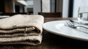 Close up of a rustic table setting with linen napkins and white plates on wood.