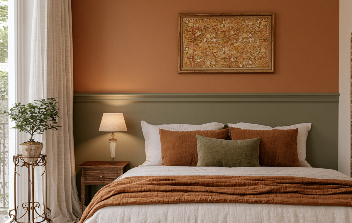 Master bedroom featuring two tone walls painted in earthy terracotta and moss green with linen bedding