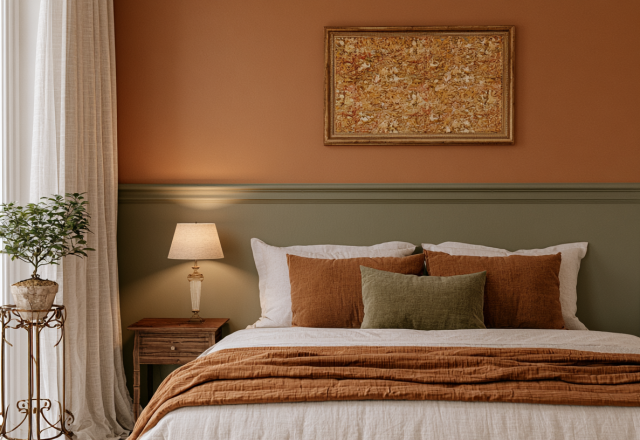 Master bedroom featuring two tone walls painted in earthy terracotta and moss green with linen bedding