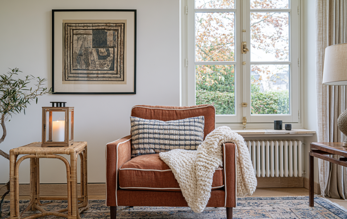 Cozy living room corner featuring a rust colored armchair, chunky knit blanket, rattan side table, and framed art.