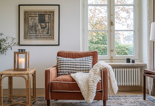 Cozy living room corner featuring a rust colored armchair, chunky knit blanket, rattan side table, and framed art.