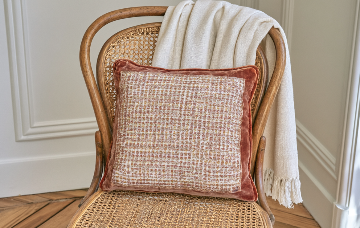 A patterned textured accent pillow resting on a vintage cane back chair with a cream knit blanket.
