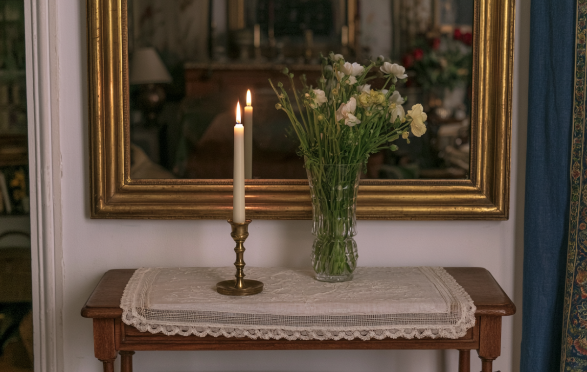 An antique console table styled with a brass candlestick and fresh flowers beneath a vintage mirror.
