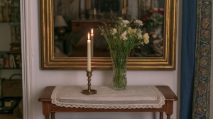 An antique console table styled with a brass candlestick and fresh flowers beneath a vintage mirror.
