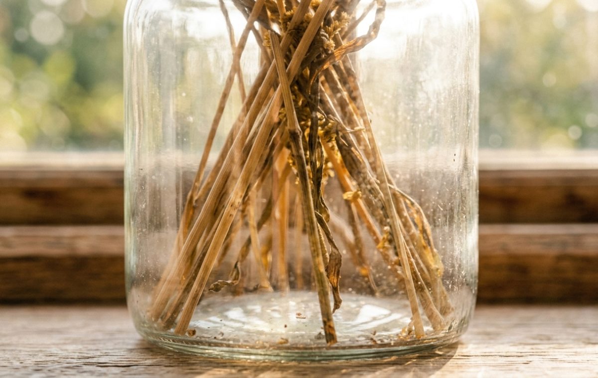 Dried botanical stems arranged inside a clear glass jar on a rustic wooden windowsill with natural sunlight.