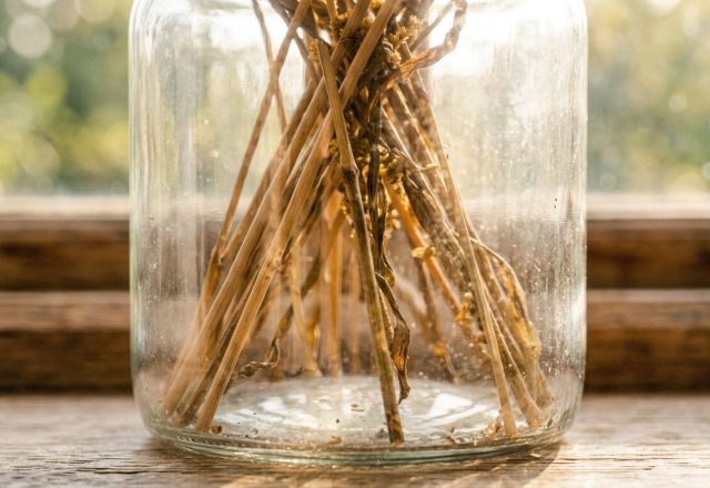 Dried botanical stems arranged inside a clear glass jar on a rustic wooden windowsill with natural sunlight.