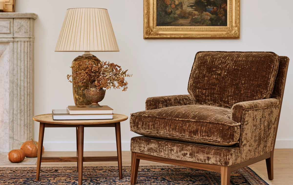 A cozy living room featuring a brown velvet armchair, vintage lamp, and marble fireplace.