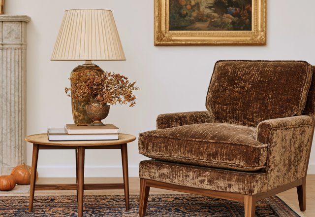 A cozy living room featuring a brown velvet armchair, vintage lamp, and marble fireplace.