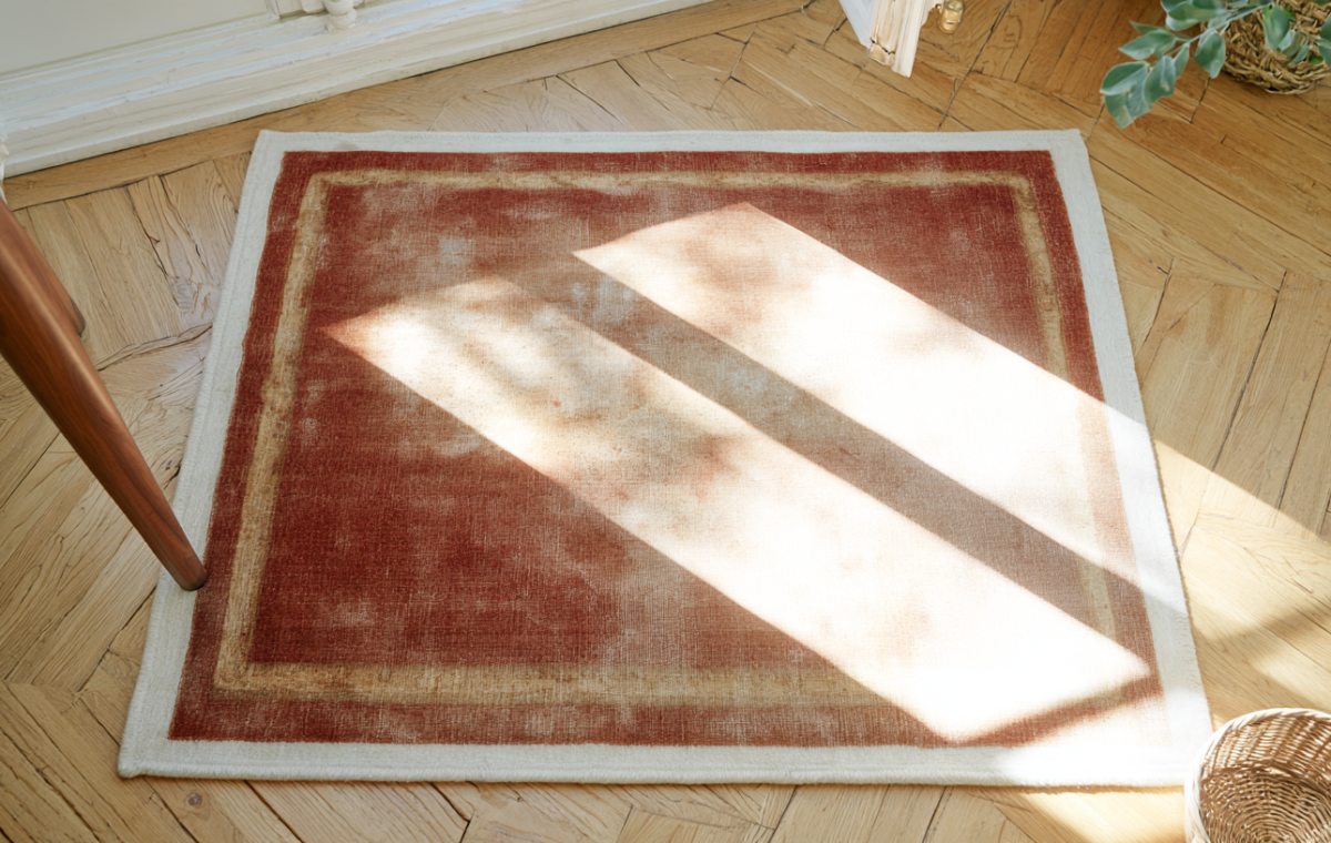 Bright sunlight shining across an antique red rug placed on a traditional chevron hardwood floor.