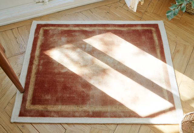 Bright sunlight shining across an antique red rug placed on a traditional chevron hardwood floor.