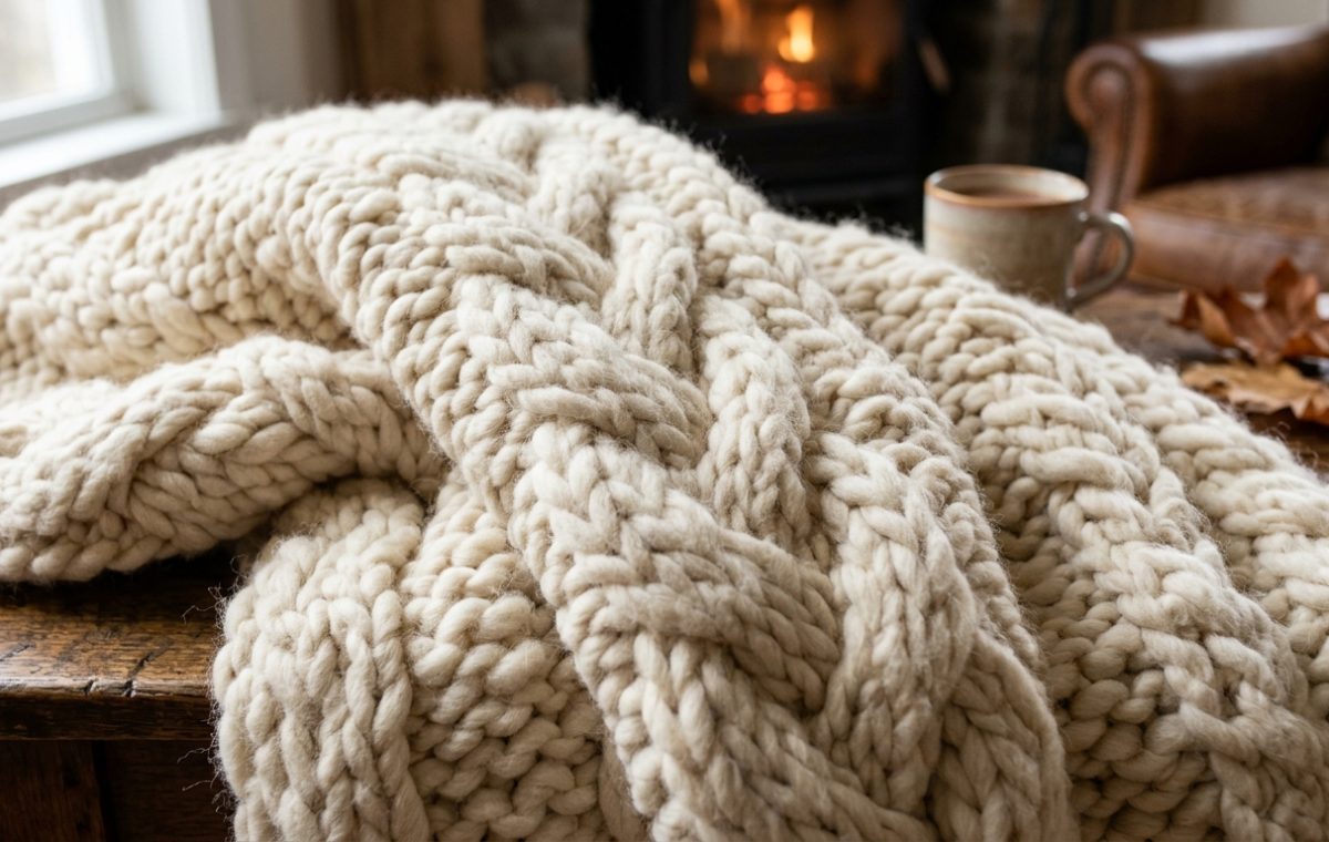 A thick chunky knit blanket draped over a rustic wooden table in a cozy living room.