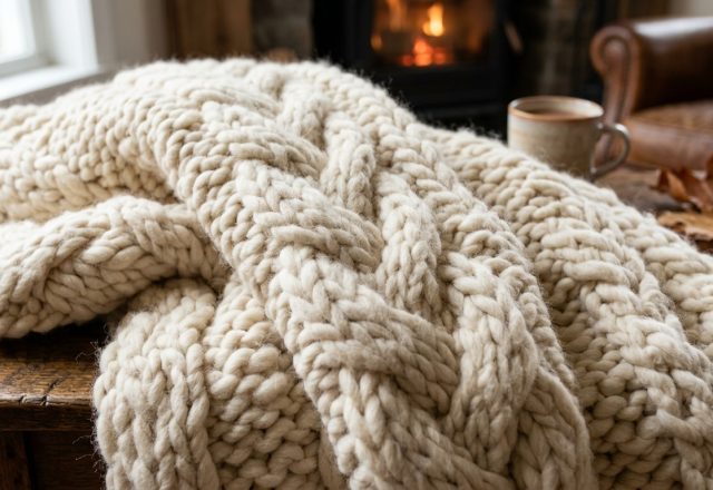 A thick chunky knit blanket draped over a rustic wooden table in a cozy living room.