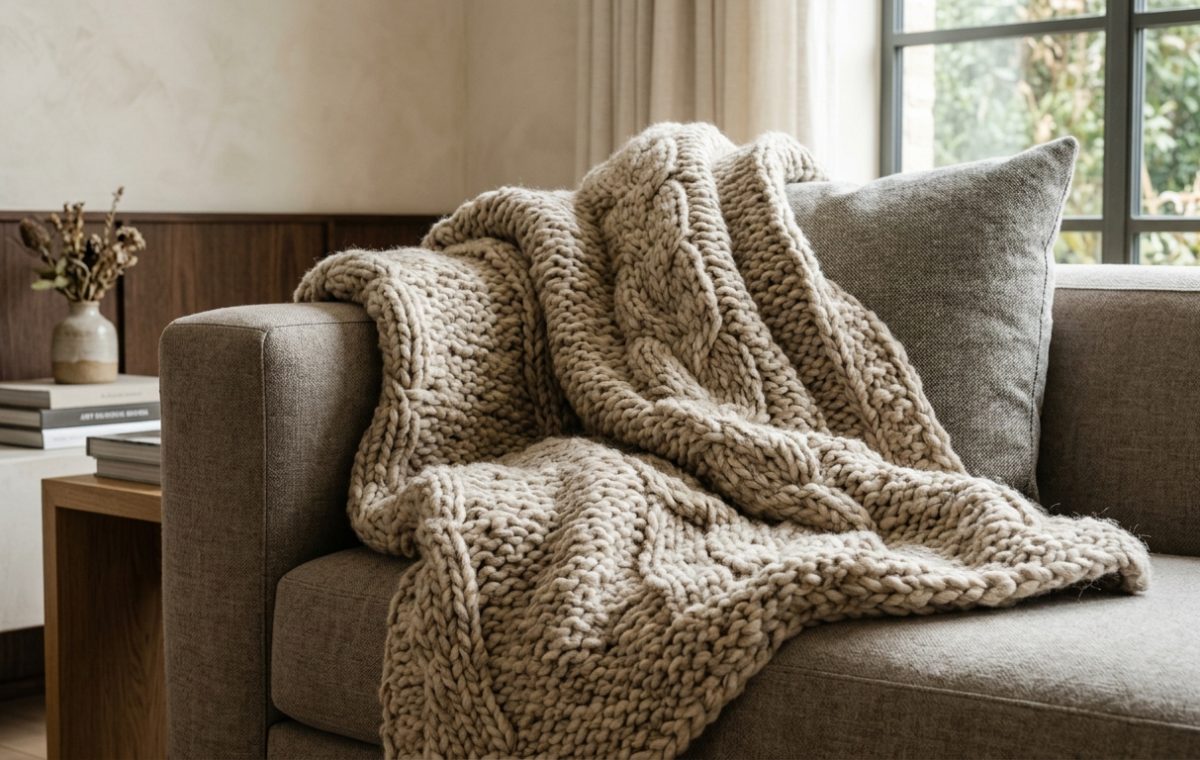 A chunky knit throw blanket draped over a neutral couch in a Japandi living room.