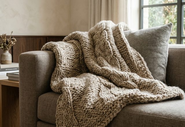A chunky knit throw blanket draped over a neutral couch in a Japandi living room.