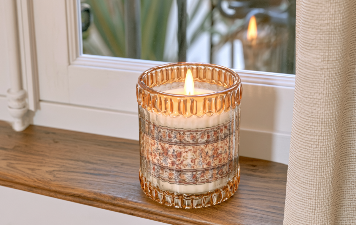 Decorative glass candle jar with a floral pattern sitting on a wooden windowsill.