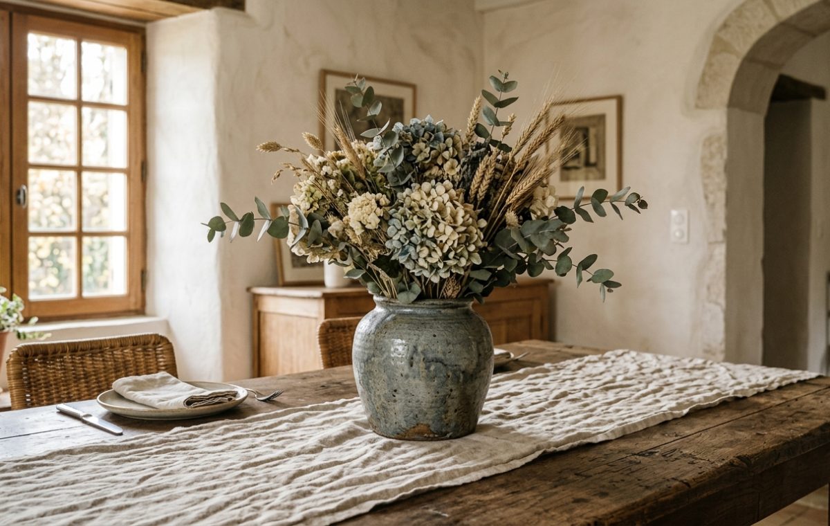 A dried floral centerpiece with eucalyptus and wheat in a ceramic vase on a rustic dining table with linen runner.