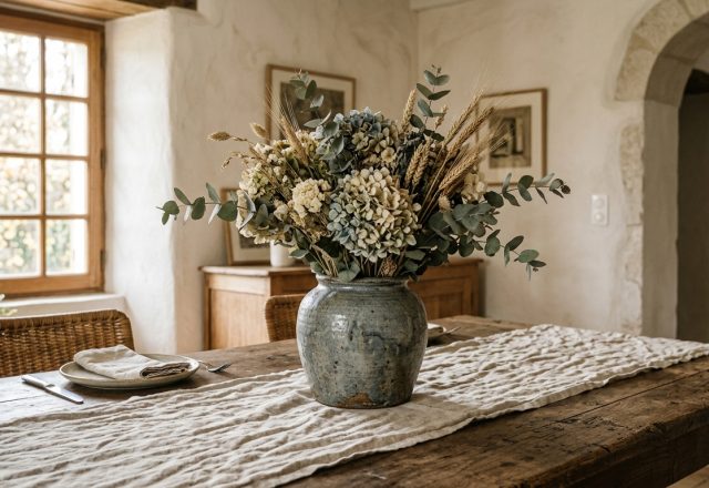 A dried floral centerpiece with eucalyptus and wheat in a ceramic vase on a rustic dining table with linen runner.