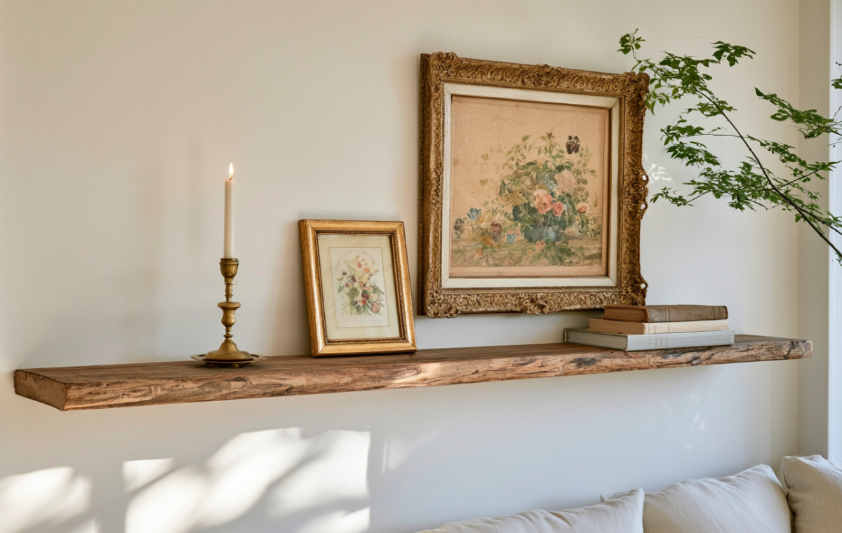 A rustic floating wooden shelf styled with antique art frames and a brass candlestick.