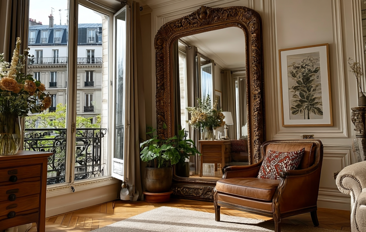 A towering antique French apartment mirror reflecting a bright room with herringbone floors and a balcony view.