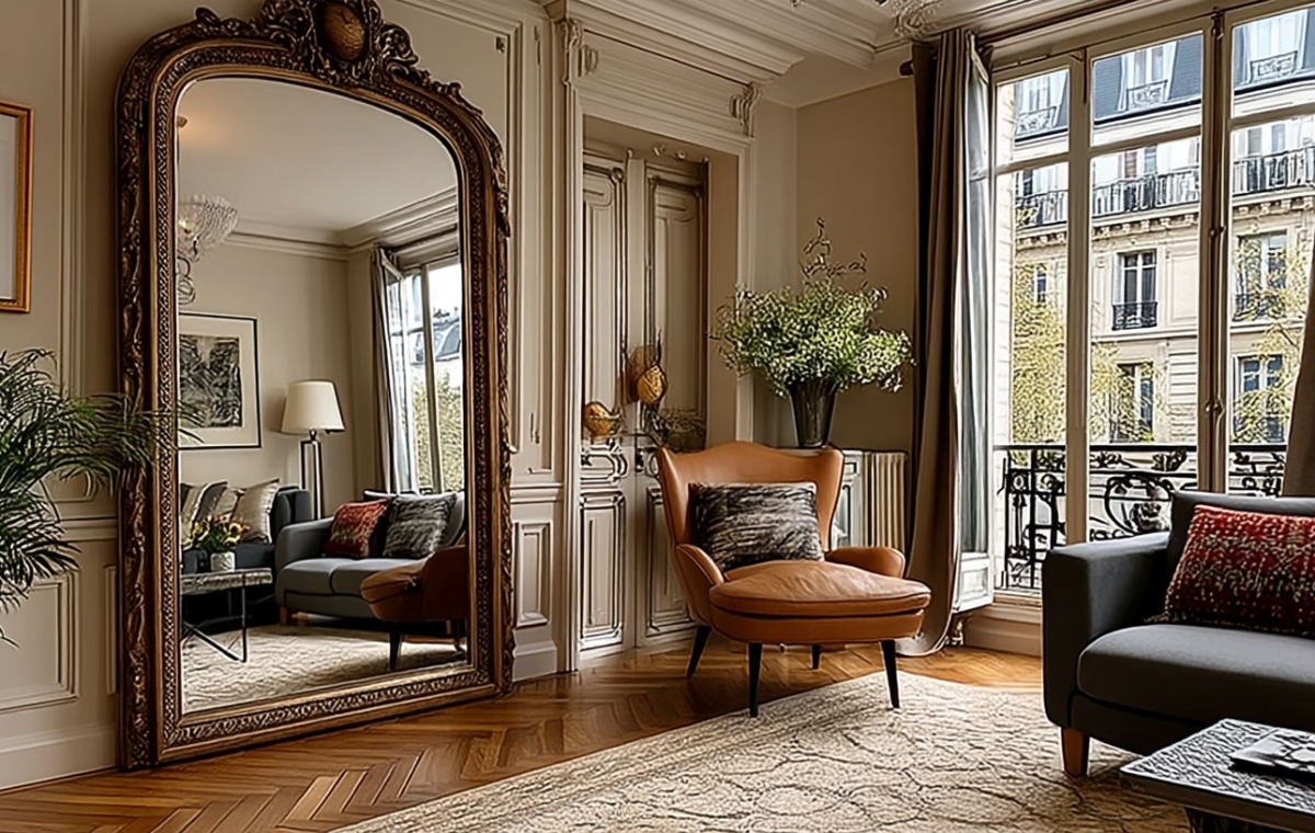 A grand French apartment mirror reflecting a Haussmann living room with herringbone floors and neutral decor.
