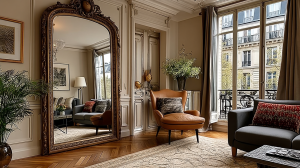 A grand French apartment mirror reflecting a Haussmann living room with herringbone floors and neutral decor.