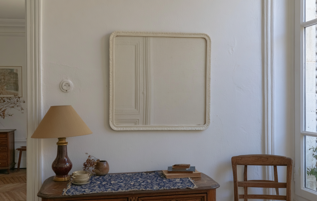Square French Country mirror mounted on a white wall above a vintage wooden console table with a lamp.