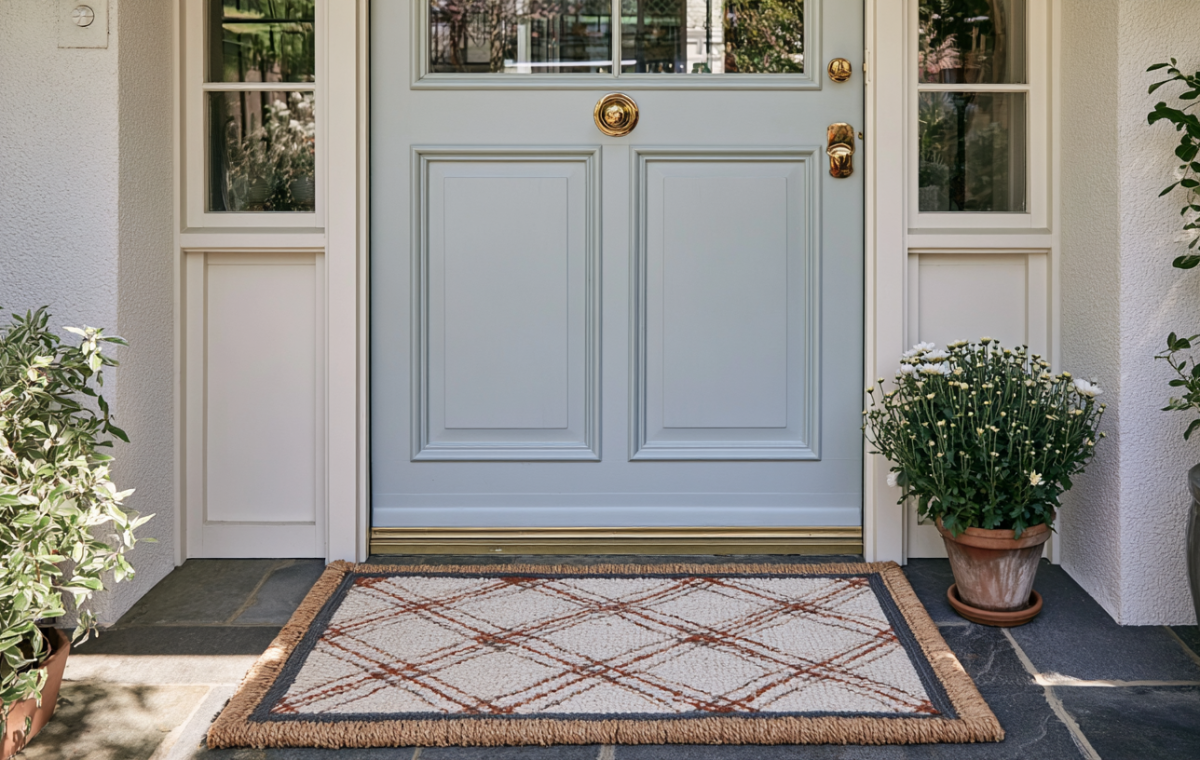 A stylish front entryway door mat with a diamond pattern placed in front of a blue door.