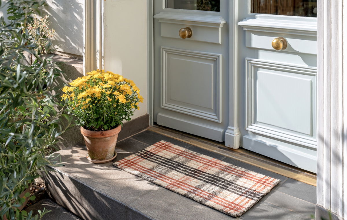 Plaid front entryway doormat on dark stone steps next to potted yellow flowers and light grey double doors.